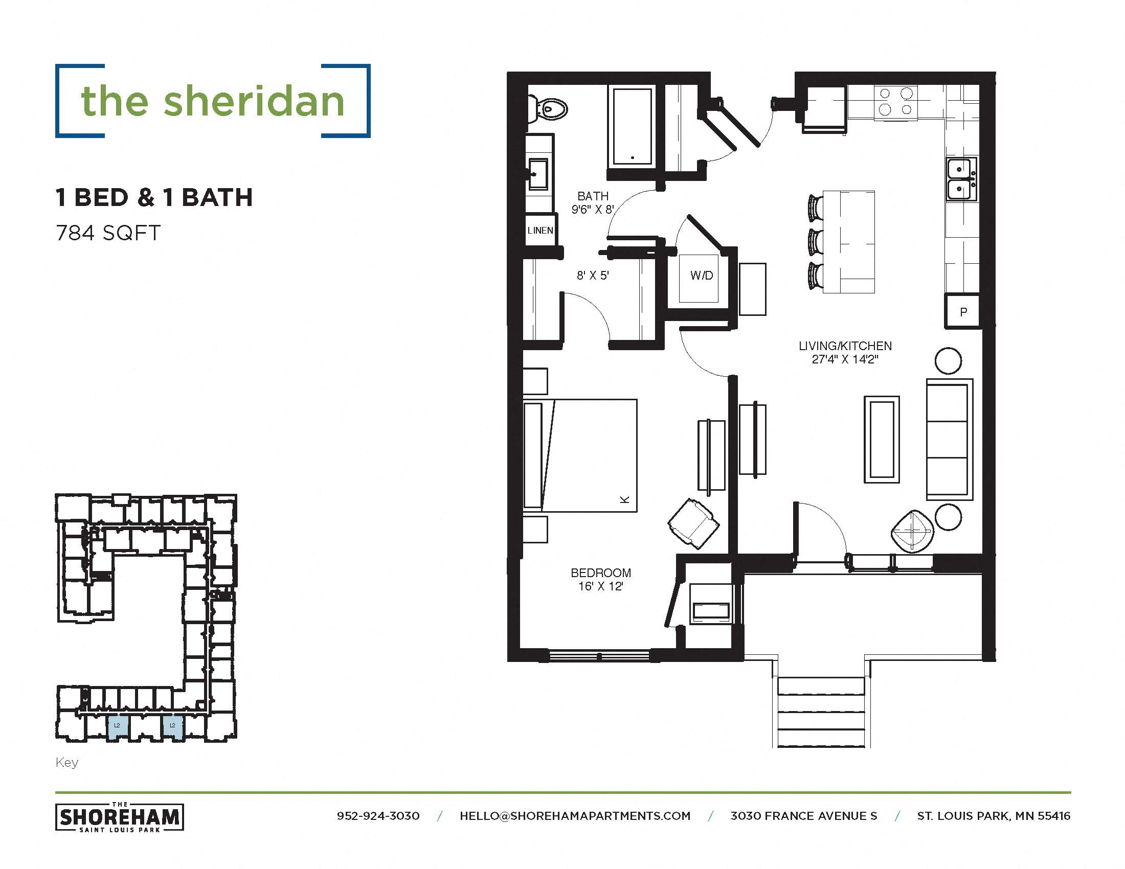 Floor plan for 1 bed, 1 bath, 784 sqft